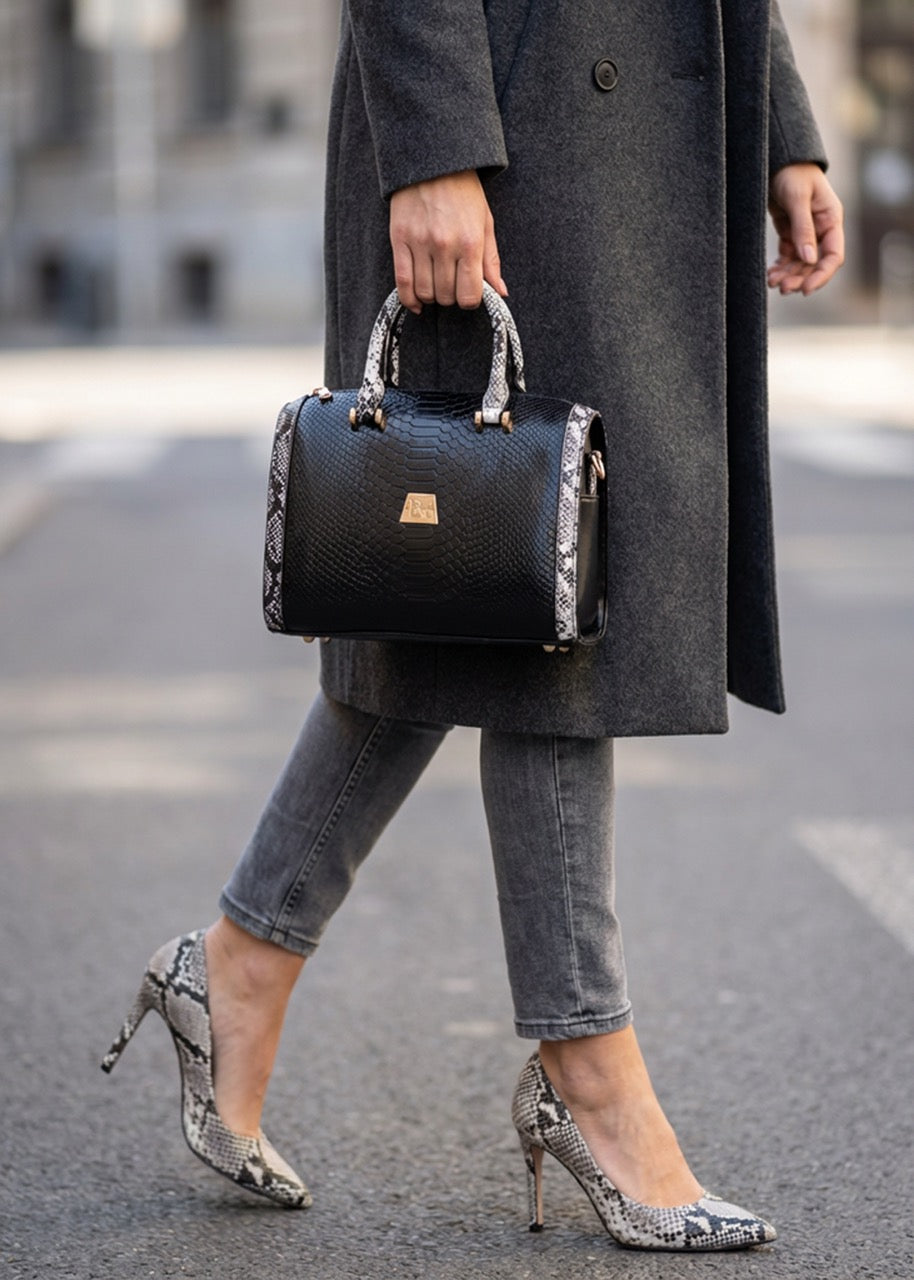 BLOCK36: BORSA BAULETTO NERO CON STAMPA PITONATA