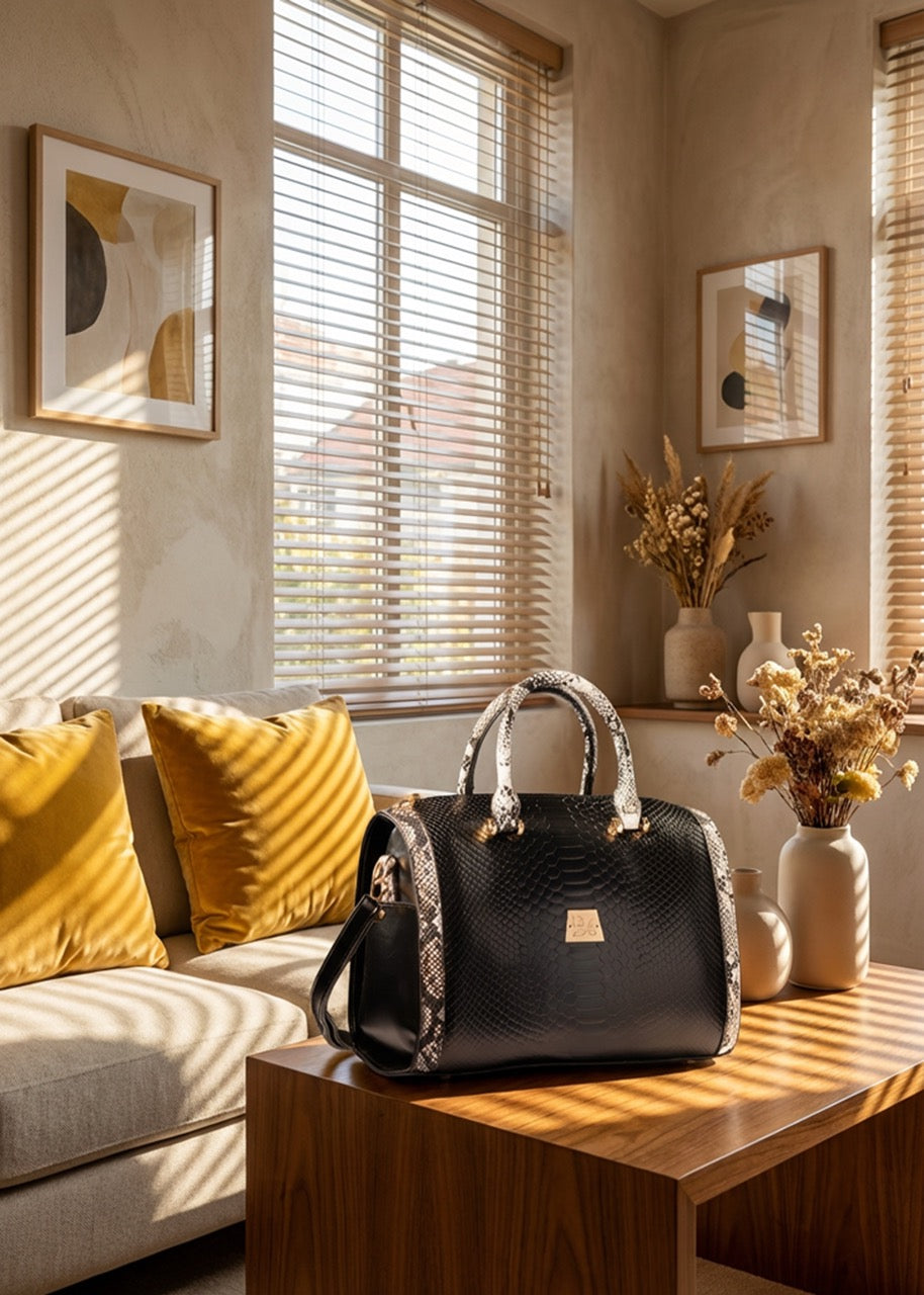 BLOCK36: BORSA BAULETTO NERO CON STAMPA PITONATA