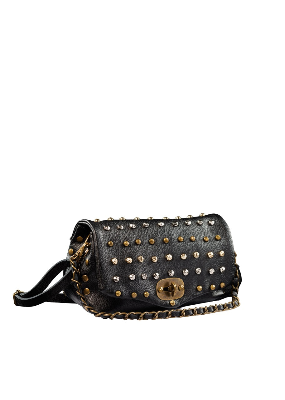BLOCK36: BORSETTA NERA PELLE BORCHIE ORO