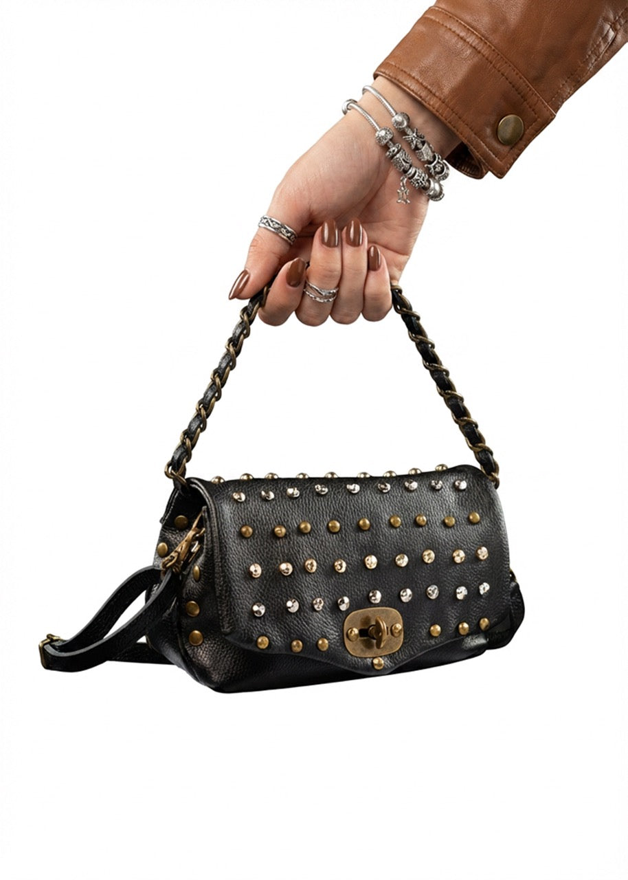 BLOCK36: BORSETTA NERA PELLE BORCHIE ORO