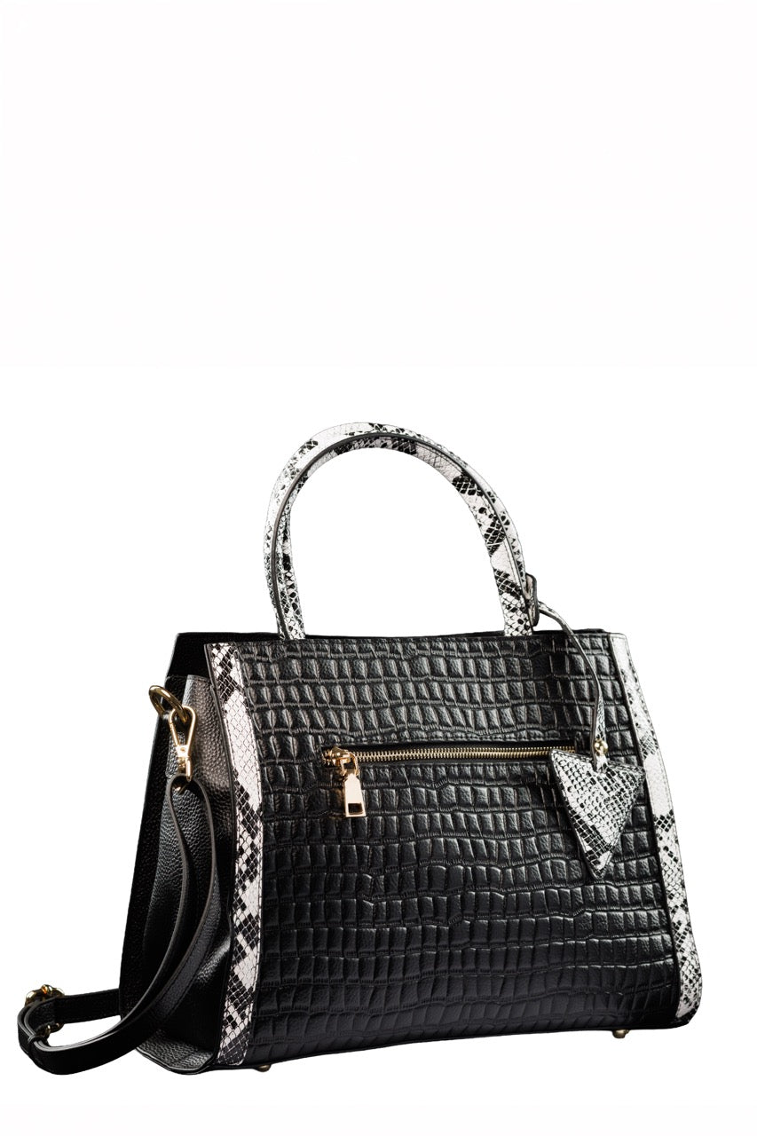 BLOCK36: BORSA IN PELLE NERA E PITONATA	L.34CM A.25CM