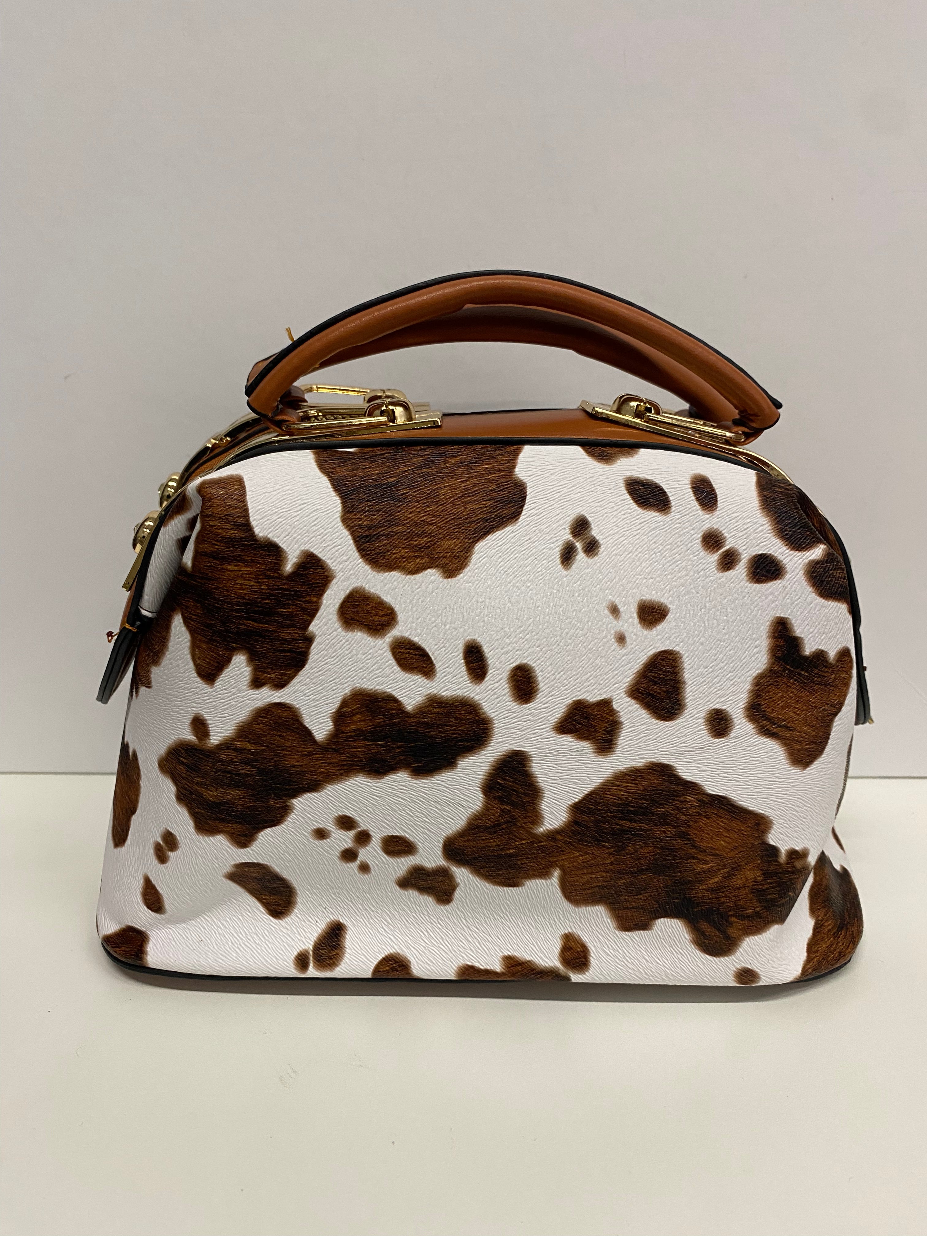 BAULETTO BIANCO E MARRONE STAMPA MUCCATO CON MANINI E TRACOLLA