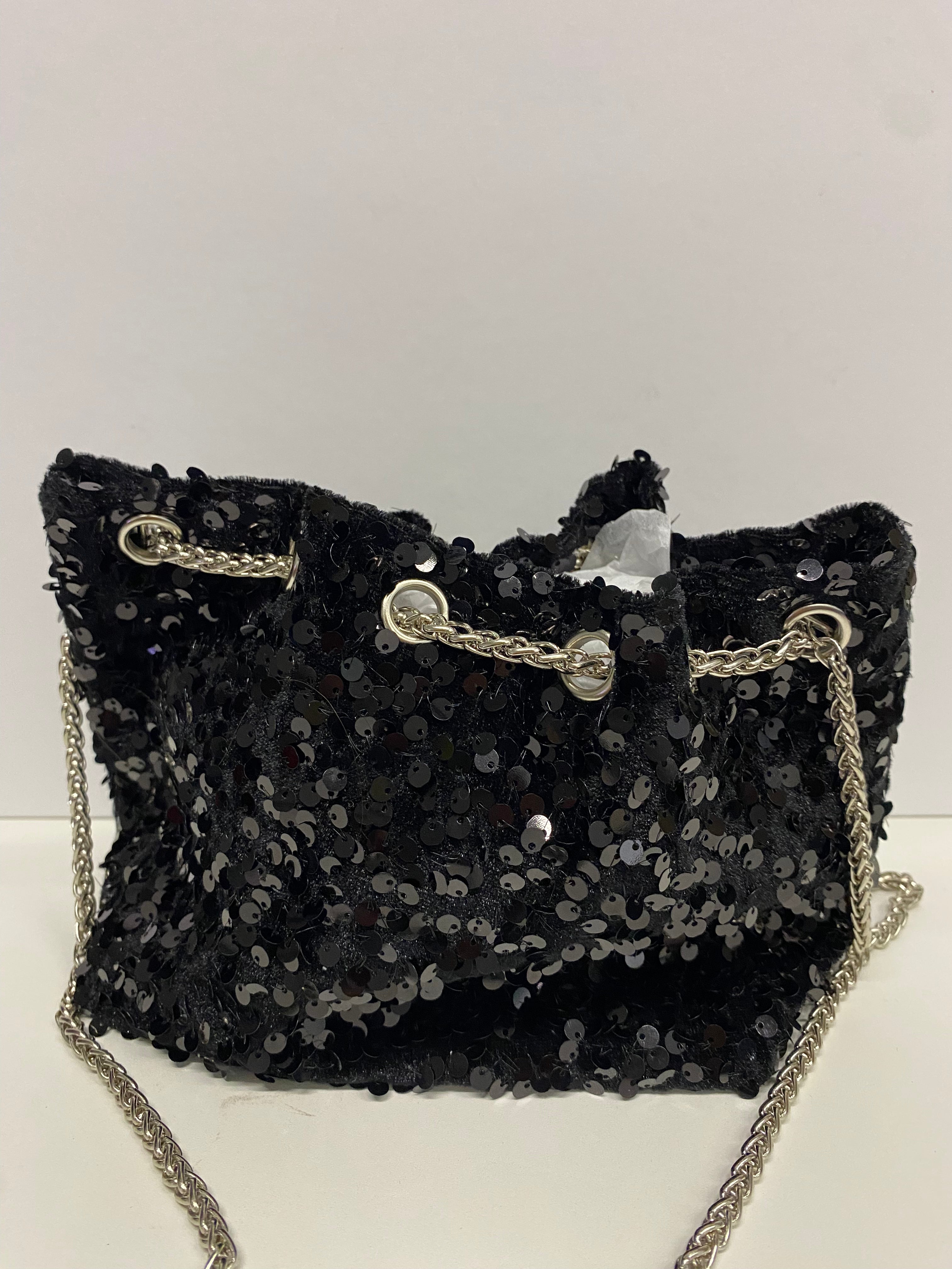 BORSA A SECCHIELLO CON PAILLETTES NERA