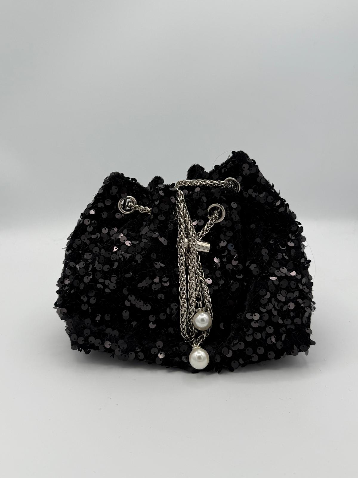 BLOCK36: BORSA FASHION SECCHIELLO NERO CON PAILETTES CON TRACOLLA