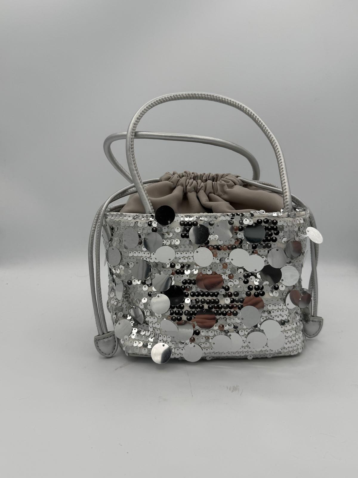 BLOCK36:BORSA A SECCHIELLO A MANO CON PAILLETTES IN COLOR ARGENTO