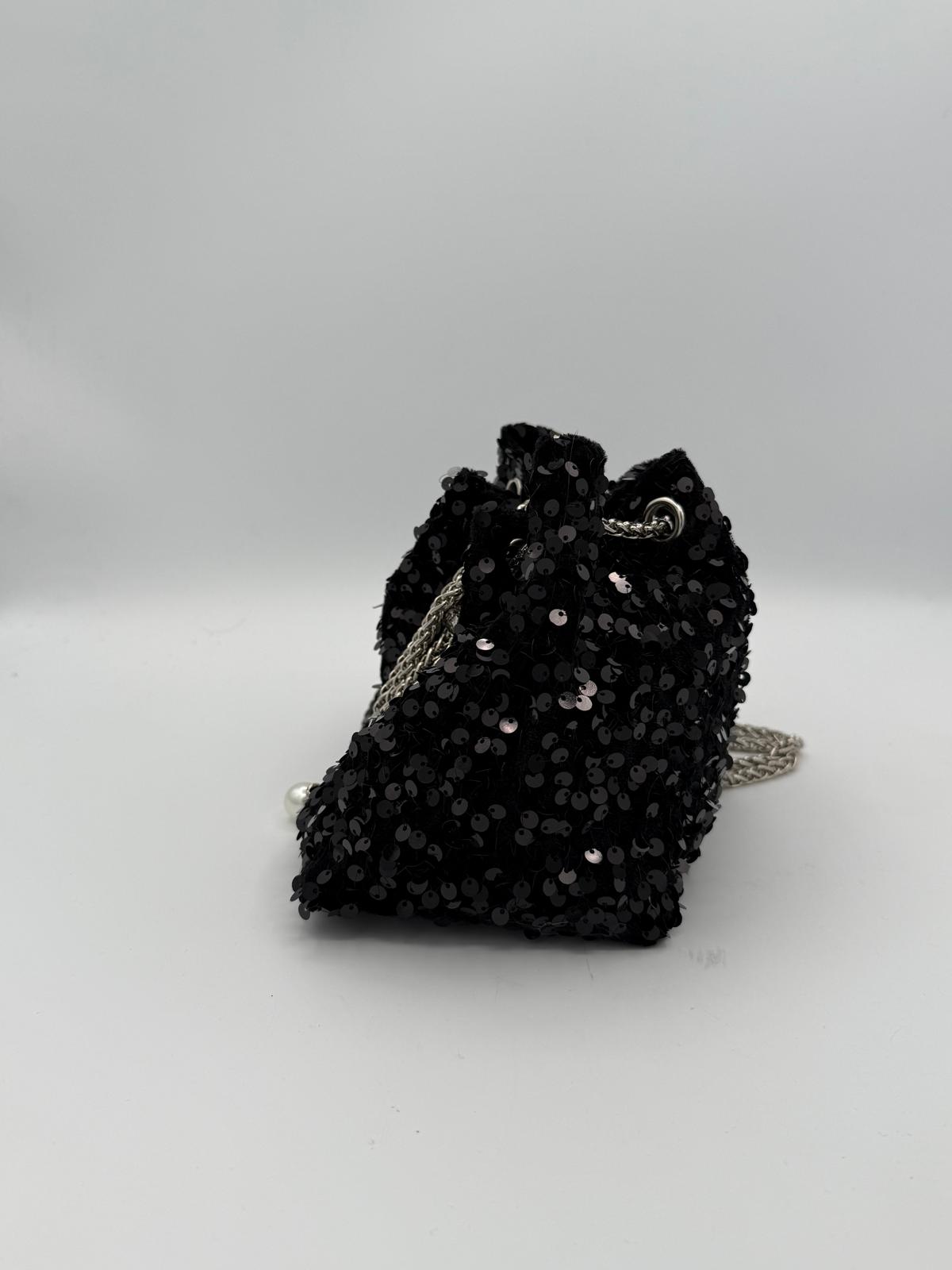 BLOCK36: BORSA FASHION SECCHIELLO NERO CON PAILETTES CON TRACOLLA