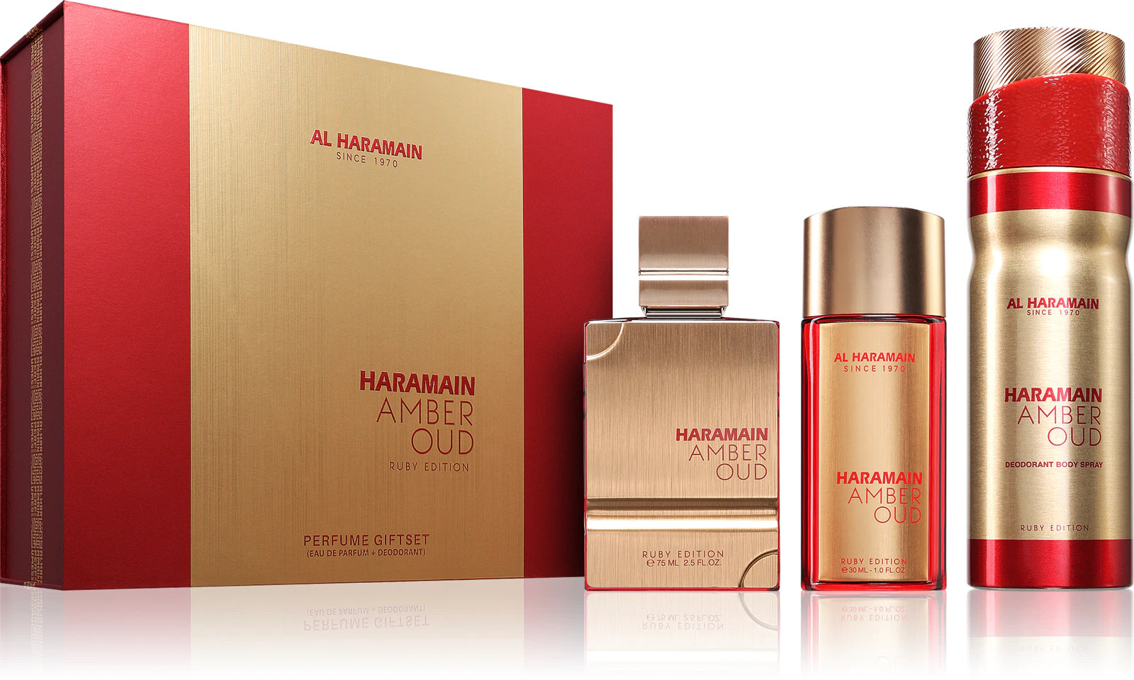 BLOCK36:PROFUMO ARABO AL HARAMAIN AMBER OUD RUBY EDITION PERFUME GIFT SET (EDP+FRAGRANCE MIST)EDP 75 ML,EDP 30 ML,FRAGRANCE MIST 250 ML