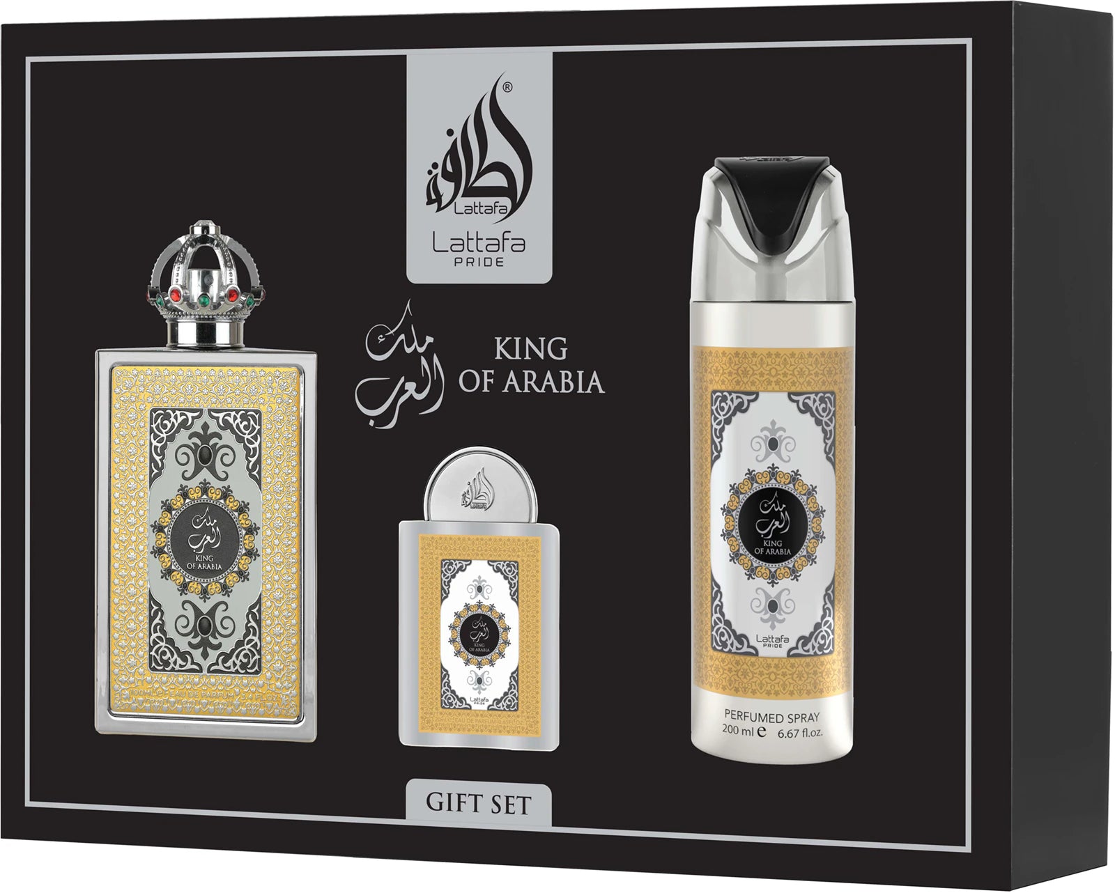 BLOCK36:LATTAFA PRIDE KING OF ARABIA GIFT SET EAU DE PARFUM 100 ML+EDP 20 ML+ PERFUMED SPRAY 200ML
