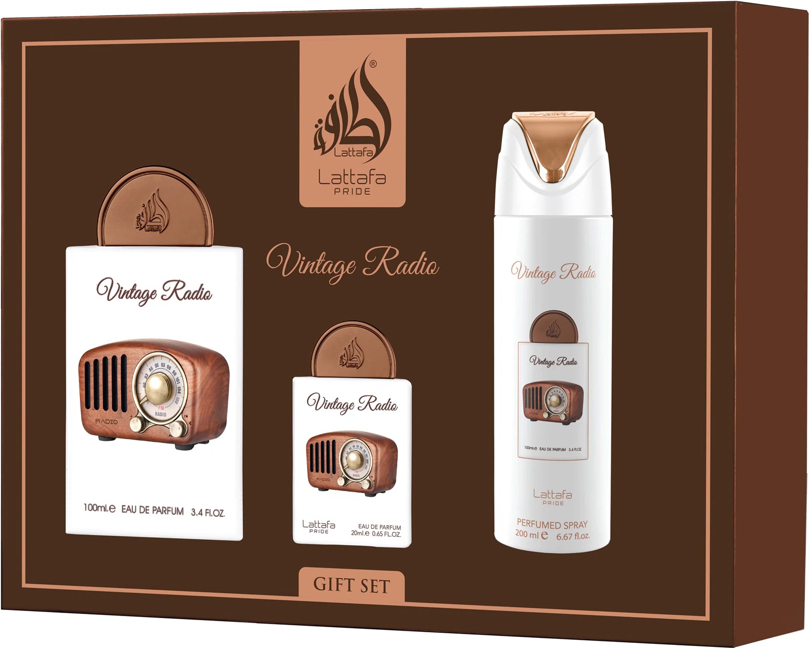 BLOCK36:LATTAFA PRIDE VINTAGE RADIO GIFTSET EAU DE PARFUM 100ML+20ML+DEODORANT 200ML UNISEX FRAGRANCE